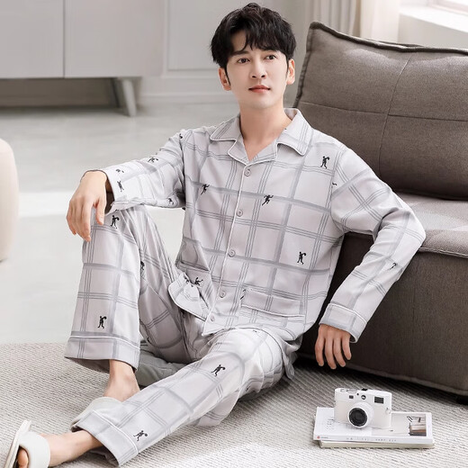 恒源祥睡衣男士春秋款棉质长袖男款2024新款大码中年爸爸夏季家居服套装 3882 (170/L码)建议穿着体重120-140斤