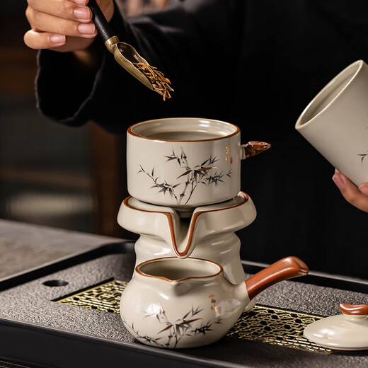 Porcelain brand tea set (cipaiming teaset) Ru Kiln Kung Fu tea set household ceramic teapot teacup lazy graphite high-end automatic tea set complete set Ru Kiln rich bamboo automatic tea set six cups
