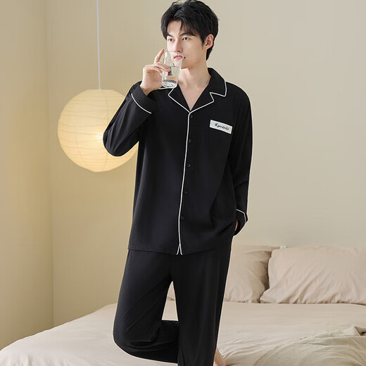 Couple's pajamas spring and autumn pure cotton pull-frame long-sleeved trousers casual suit cardigan simple high-end cool cotton home clothes men's style 5088 2XL