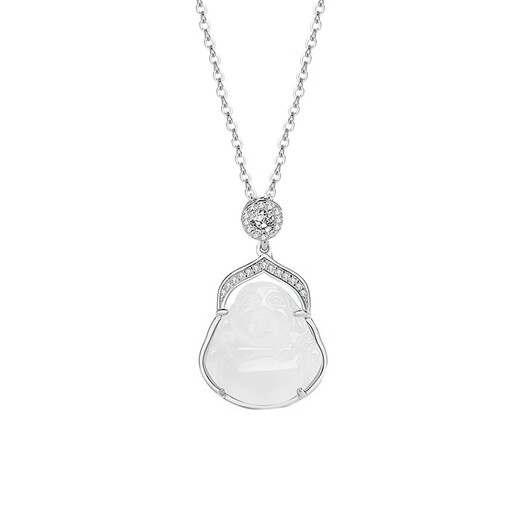 Yan Ru decorated chalcedony big belly Buddha pendant 925 silver necklace women's light luxury temperament clavicle chain new birthday gift for girlfriend L2076 white gold_big belly Buddha chalcedony pendant necklace