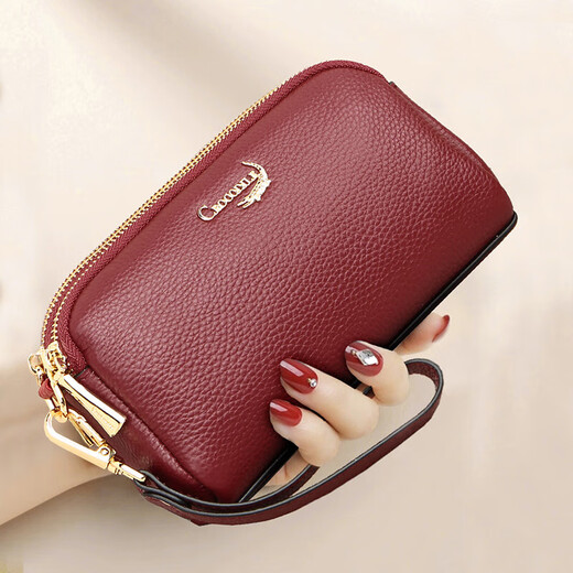 Crocodile shirt double zipper first layer cowhide wrist bag women's clutch bag simple long wallet T2008 wine red