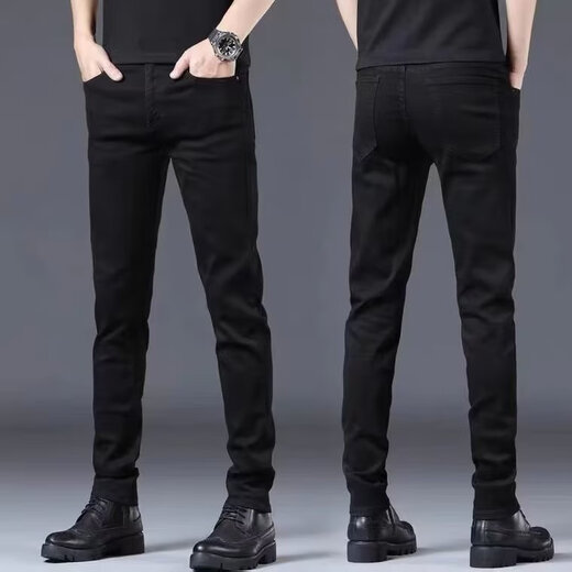 益帛黑色牛仔裤男冬季新款加绒韩版修身弹性显瘦时尚休闲小脚长裤子男 黑色 31 【建议115-125斤】