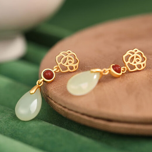 Crystal 925 Silver Hotan Jade Hairpin Ancient Style Hairpin Hairpin Birthday Gift for Girlfriend High-end Niche Practical Acacia Bean Hairpin + Hotan Jade Earrings Set + Gift Box