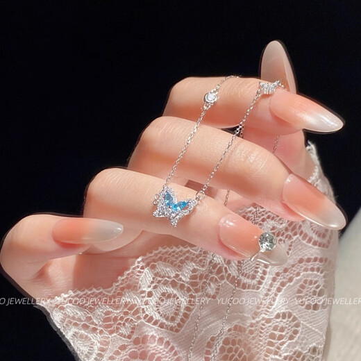 Butterfly Dream Glacier Girls Blue Diamond Butterfly Clavicle Chain Light Luxury Niche High-end Sterling Silver Platinum Plated pt950 Necklace Light Luxury Style- Butterfly Dream Glacier-Rose Gift Box