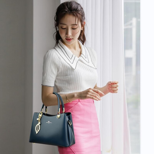 Kangaroo Kara brand genuine leather women's bag for holiday gift to mother cowhide bag for women 2025 new middle-aged ladies crossbody bag handbag dark blue (gift box + hand bag card bag pendant)