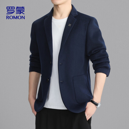ROMON Woolen Suit Men's Spring and Autumn Business Casual Single Suit Coat Warm Jacket Men XF87 Dark Blue XL