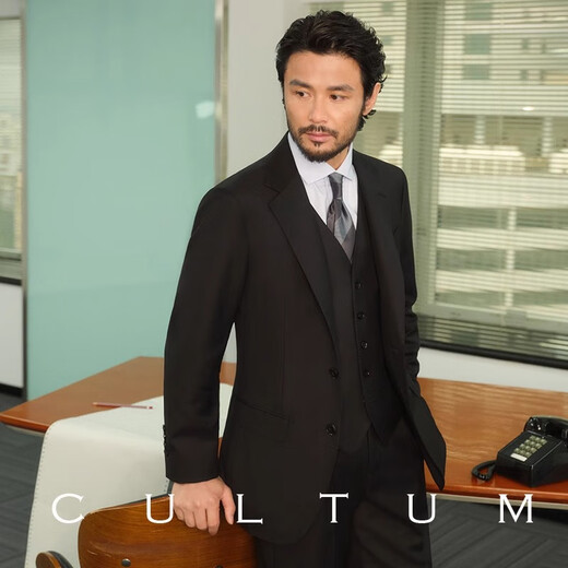CULTUM machine washable, no ironing, 70 wool half linen lining suit suit, men's business commuter suit jacket top, pure black two-piece set 54 B