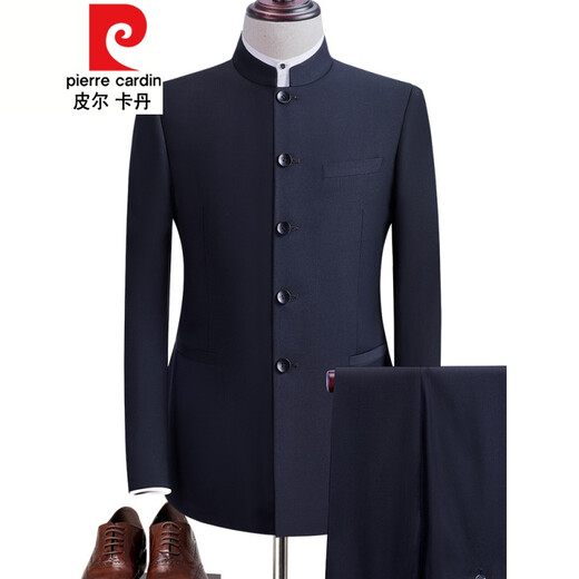 Pierre Cardin Frühlings- und Herbst-Tunika-Anzug für Männer, chinesischer Stehkragenanzug für junges und mittleres Alter, schmal geschnittenes chinesisches Bräutigamkleid im koreanischen Stil, zweiteiliges Set mit versteckten Knöpfen in Schwarz 687 185/116