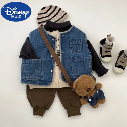 Disney (DISNEY) autumn and winter double-sided children's Korean style velvet thickened baby warm versatile vest trendy boys and girls denim vest jacket denim blue vest (reversible) cm 120