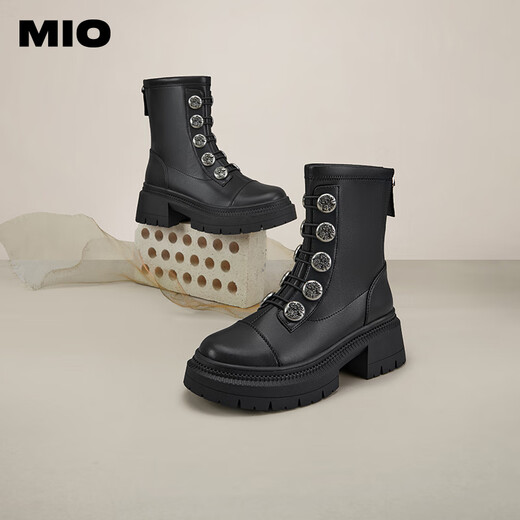 Mio 2023 Winterrunde Zehen High Heels Dünne Stiefel Metallschnalle Kühle Dicke Sohle Martin Boots Frauen schwarz 39
