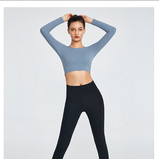 Women's hollow-back yoga top with chest pad for slimming, professional sports tight training fitness wear, Pilates long sleeves, light blue (YJY20-22-2) XL