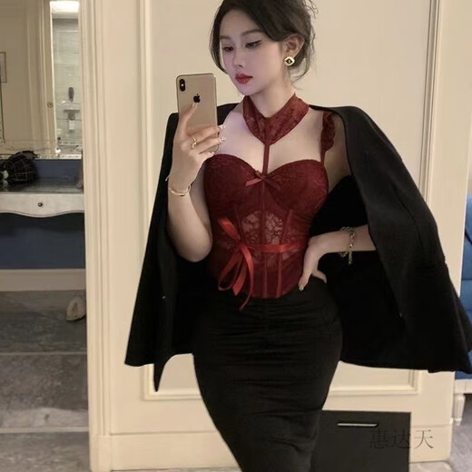 Hot girl lace bra padded suit fishbone suspender sexy vest pure desire outer wear body shaping short top waist sexy temptation red + pants