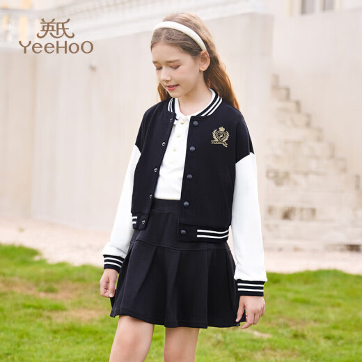 YEEHOO girls suit children's jacket baseball uniform skirt two-piece spring sports college style clothes black 140