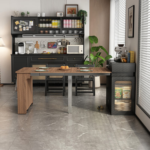 Isabel modern simple island dining table integrated household retractable small apartment 2024 new folding dining table and chair combination 0.65~2.05 meters - solid wood - black - with bull socket