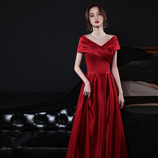 Yingwen toasting dress bride's new arm-covering 2022 autumn small burgundy engagement dress satin long burgundy long m (recommended 96-105 Jin Jin equals 0.5 kg)