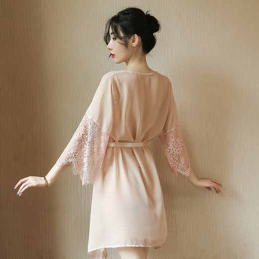 Feminine temptation transparent mesh nightgown thong set cardigan style lace home wear bathrobe robe + T pants
