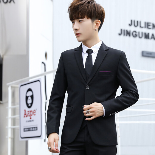 Zhehan Teenage High School Adult Dress Suit Boy Wedding Suit Three-piece College Student Interview Formal Wear Black Suit+Pants+Tie XL 31 Suitable for 122-127 Jin Jin equals 0.5 kg
