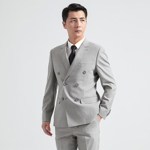 
HAIPAIHAOYU suit men's double-breasted business formal wear, waffle-necked slim suit professional suit banquet dress double slit 9901 light gray 180A