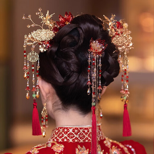 Fat Donglai's same style Xiuhe tiara bridal tiara Chinese style red ancient style Hanfu Xiuhe suit with glazed flower hanging between eyebrows Xiuhe tiara set (ear clip style)