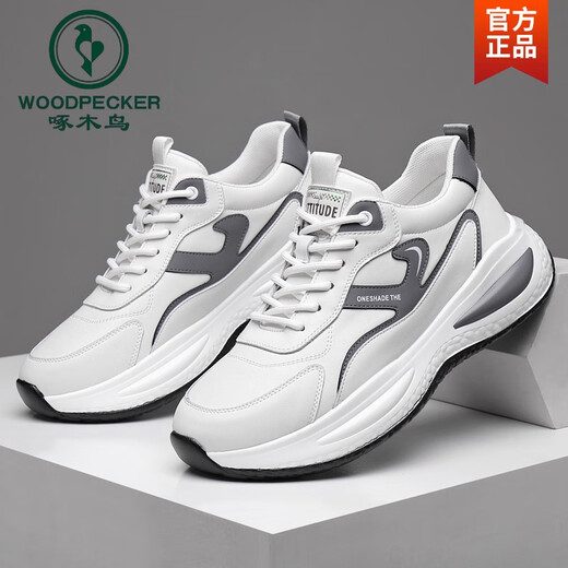 Woodpecker men's shoes genuine leather top layer cowhide 2025 new versatile sports and casual shoes white shoes men's thick sole travel dad shoes white 42 (standard leather shoe size)