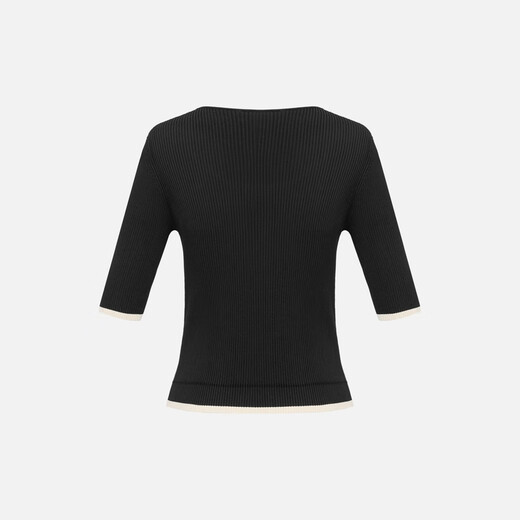 EP Yaying Women's U-neck Slim Fit Contrast Color Bottoming Shirt Short-Sleeved Sweater Shopping Mall Same Style 9901A Black L