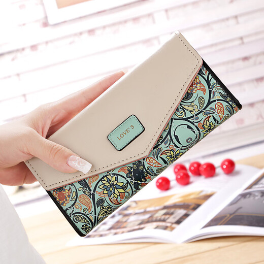Kangaroo (KANGAROO) Korean style small floral diamond contrast envelope buckle women's wallet long wallet clutch bag wallet blue