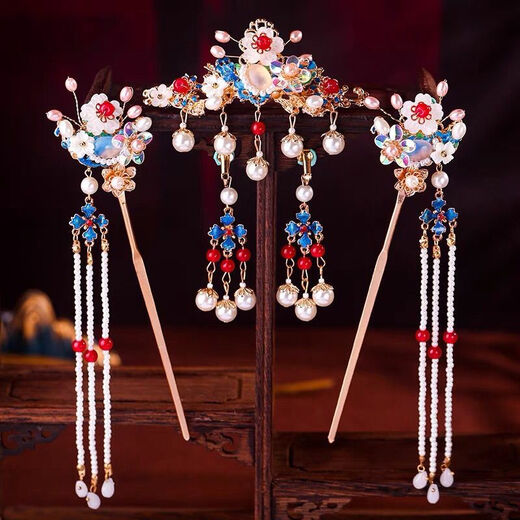 Meng Junchen Hanfu hair crown cloisonne burnt blue big hair crown hair accessories set ancient style headwear phoenix crown crown Fengming Chaoyang burnt blue hair crown