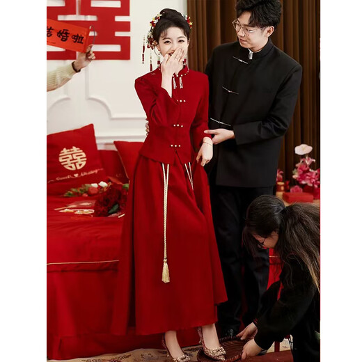 Seidler Toast Wear Bridal Cheongsam 2025 New Thickened Engagement Dress New Chinese Style Wedding Long Sleeve Women's Autumn and Winter Burgundy One Size Customized No Returns Available