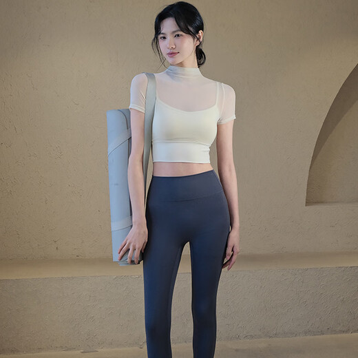 Yoga suit with chest pad for women summer Pilates fitness running suit sports suit short sleeve black top + gray trousers S S80-95Jin Jin equals 0.5 kg