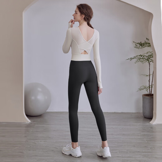 LULULOMDDW long-sleeved yoga suit with chest pad for women, autumn and winter new beautiful back fitness sports Pilates suit, milky white long-sleeved + dark gray leggings XL