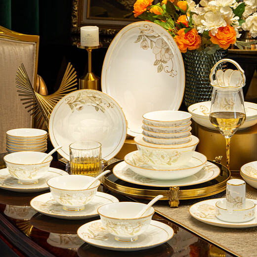 Han Ming Chinese Scenery Dezhen bone china bowls, plates and tableware complete set of household high-end ceramic dishes and chopsticks set housewarming gift upgraded 60-piece set丨with high-end brocade box