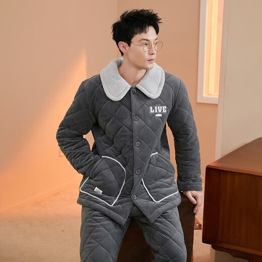 Fenton pajamas for men, three-layer thickened quilted, autumn and winter warm velvet lapel embroidered warm long-sleeved home wear set, retro gray-men's 2XL