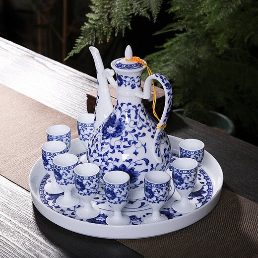 Xihe Yinyao Xihetang Jingdezhen Ceramic Wine Set Liquor Goblet Spirit Cup Blue and White Flask Set Wine Cup Qingzhulin Model (1 Pot, 10 Cups, 1 Tray)