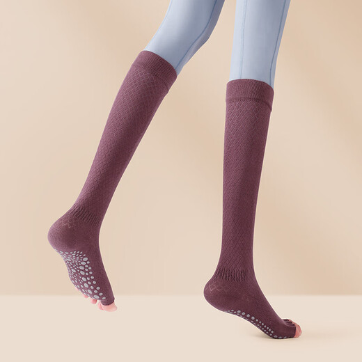 Huodiniao yoga socks, professional sports socks, non-slip women's toe socks, long tube knee socks, adult Pilates split toe floor socks, black - open toe half knee socks