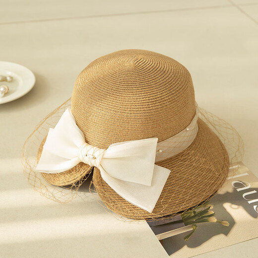 Siggi hat women's spring and summer straw hat sun protection Hepburn style seaside vacation elegant top hat mesh celebrity sun hat sun protection hat Bencao rice 57cm