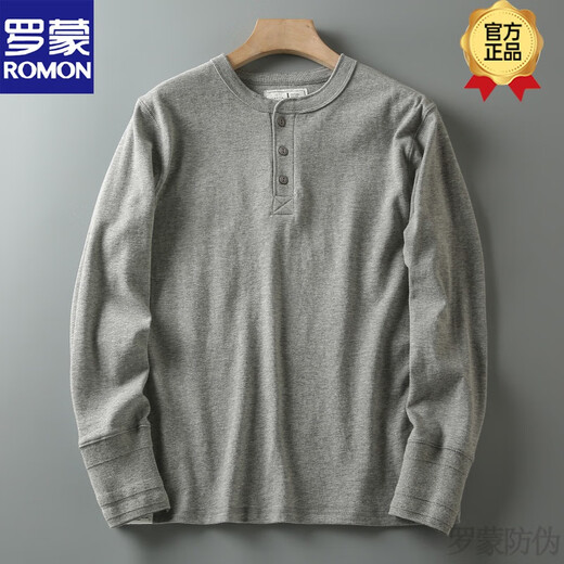 ROMON Spring and Autumn New American Casual Henley Shirt Men's Retro Simple Versatile Solid Color Daily Long Sleeve T-shirt Basement Gray XL