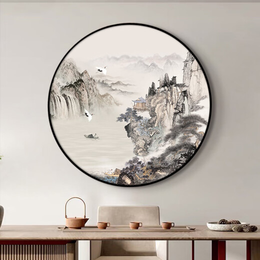 Paidan Xianmeng New Chinese Style Round Decoration Painting Entry Hall Decoration Painting Chinese Tea Room Background Wall Landscape Painting Ink Painting Lake and Mountain Color Diameter 60cm Aluminum Alloy Black Frame/Crystal Porcelain Surface