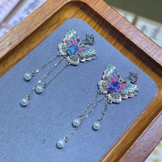 Shilian 925 silver inlaid, non-fading, non-allergenic, topaz, tanzanite, painted butterfly necklace, Chinese style, fidelity, certificate for women, topaz sky blue pendant