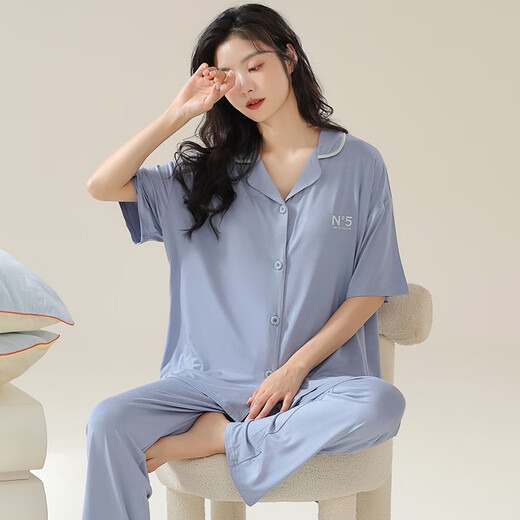 莫代尔女士睡衣夏2025新款冰丝短袖长裤开衫韩版夏天薄款宽松家居服 09M12109 M