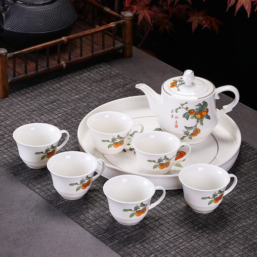 Songhui white porcelain gold-painted Kung Fu tea set with ceramic plate for home use, simple ear-proof anti-scalding teapot, small set, everything goes well (teapot 400ml tea cup 80ml tea tray 25)