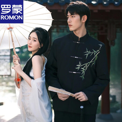 ROMON New Chinese tunic suit, engagement groom suit, men's wedding wedding high-end coat, national style embroidered suit suit, black jacket + pants XL