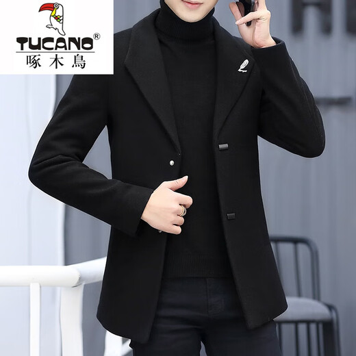 Woodpecker autumn and winter woolen woolen coat men's thickened suit Korean style trendy men's short windbreaker mature and stable heavy coat black 2XL