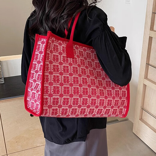 Ono Seven Days Red Wedding Bridal Bag Women's Large Capacity Happy Wedding Bag New Chinese Style Portable Shoulder Tote Bag Accompanying Gift Bag Tote Bag Red