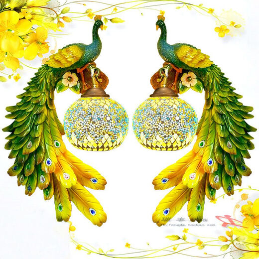 Yaotian Southeast Asia Peacock Wall Lamp French Pastoral Bedside Bedside Lamp Lobby Bar Lamp European Living Room Background Wall Lamp Painted + Crystal (Pair + LED Light)