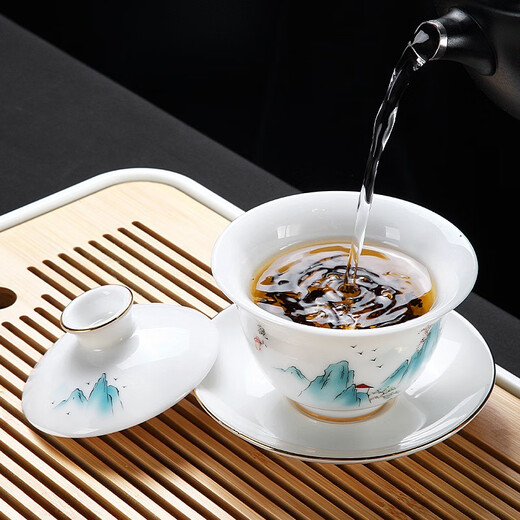 Tang Feng mutton fat jade tea set teapot cover bowl office reception tea set high-end Dehua white porcelain Kung Fu tea cup gift box