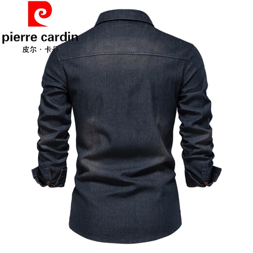 Pierre Cardin spring and autumn new slim denim lapel shirt American version trendy men's casual solid color jacket men's long-sleeved lining knitted navy XL