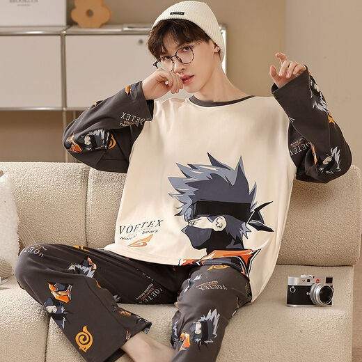 LangSha Youth Pajamas Men's Cartoon Long Sleeve Suit Spring and Autumn Thin Junior High School Students and High School Students Dormitory Home Clothes A Long Sleeve Men 1283 SpongeBob SquarePants. XL Standard (120-140 Jin Jin equals 0.5 kg)