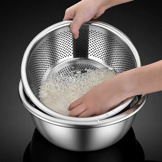 Putel two-piece set 316 thick stainless steel egg beater drain basin rice sieve kitchen food grade rice washing vegetable drain basin 32cm solid basin 32cm drain basin 1 piece