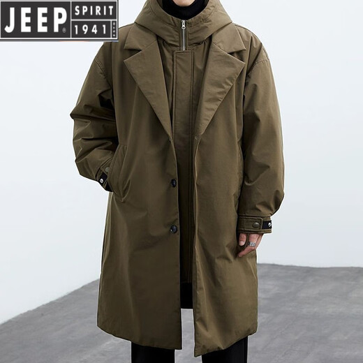 JEEP SPIRIT2025 autumn and winter velvet men's Korean style coat men's fake two-piece hooded mid-length windbreaker jacket men's jacket military green cotton thickened 2XL 155-160Jin Jin equals 0.5 kg