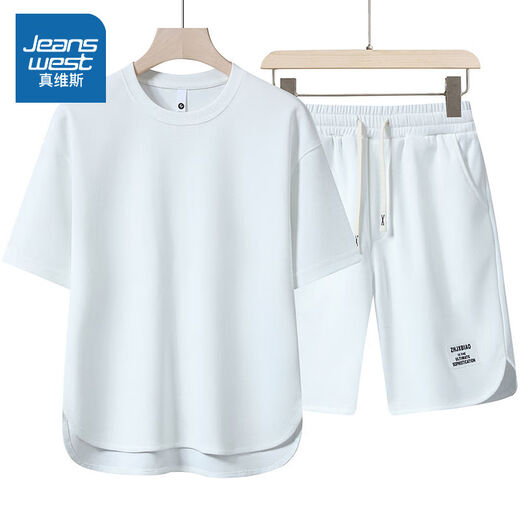 JEANSWEST short-sleeved T-shirt men's summer thin loose ice silk teen handsome two-piece clothes shorts paired with two-piece set 2-4-4022-653 white (one set) 2XL